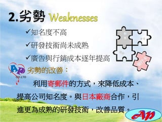 劣勢的改善：
利用寄郵件的方式，來降低成本、
提高公司知名度。與日本廠商合作，引
進更為成熟的研發技術，改善品質。
知名度不高
研發技術尚未成熟
廣告與行銷成本逐年提高
 
