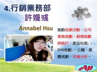 推動促銷活動、公司
業務規劃、展場規劃
與執行、產品包裝, 、
DM規劃, 、公關、媒
體規劃、市場分析。
 
