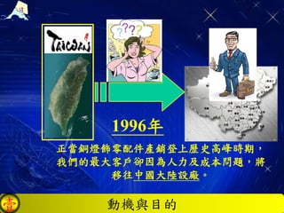 動機與目的壹
1996年
正當銅燈飾零配件產銷登上歷史高峰時期，
我們的最大客戶卻因為人力及成本問題，將
移往中國大陸設廠。
 