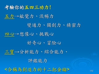 170
考驗你的五四三功力!
五力→敏覺力、流暢力
變通力、獨創力、精密力
四心→想像心、挑戰心
好奇心、冒險心
三寶→分析能力、綜合能力、
評鑑能力
<合稱為創造力的十二把金鑰>
 