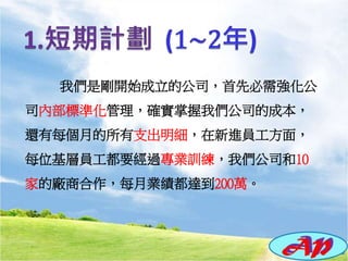 我們是剛開始成立的公司，首先必需強化公
司內部標準化管理，確實掌握我們公司的成本，
還有每個月的所有支出明細，在新進員工方面，
每位基層員工都要經過專業訓練，我們公司和10
家的廠商合作，每月業績都達到200萬。
 