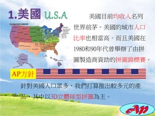 美國目前均收入名列
世界前茅。美國的城市人口
比率也相當高。而且美國在
1980和90年代曾舉辦了由拼
圖製造商資助的拼圖錦標賽。
針對美國人口眾多，我們打算推出較多元的產
品，其中以3D立體球型拼圖為主。
AP方針
 