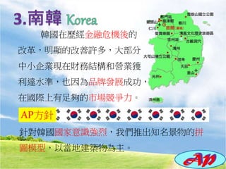 韓國在歷經金融危機後的
改革，明顯的改善許多，大部分
中小企業現在財務結構和營業獲
利達水準，也因為品牌發展成功，
在國際上有足夠的市場競爭力。
AP方針
針對韓國國家意識強烈，我們推出知名景物的拼
圖模型，以當地建築物為主。
 
