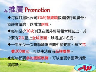 每個月撥出公司5%的營業額做國際行銷廣告，
期許業績約可以增加兩成。
每年至少10次刊登在國外相關報章雜誌上，其
中要有2次登上全球版面，以增加知名度。
一年至少一次贊助國際拼圖相關賽事，每次花
費200萬元，可以使消費者品牌聯想。
每年都要參加國際展覽，可以讓更多國際消費
者認識。
 