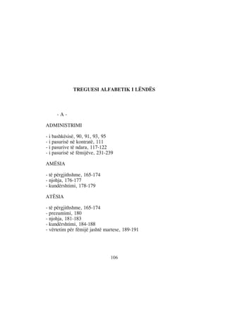 TREGUESI ALFABETIK I LËNDËS



     -A-

ADMINISTRIMI

- i bashkësisë, 90, 91, 93, 95
- i pasurisë në kontratë, 111
- i pasurive të ndara, 117-122
- i pasurisë së fëmijëve, 231-239

AMËSIA

- të përgjithshme, 165-174
- njohja, 176-177
- kundërshtimi, 178-179

ATËSIA

- të përgjithshme, 165-174
- prezumimi, 180
- njohja, 181-183
- kundërshtimi, 184-188
- vërtetim për fëmijë jashtë martese, 189-191




                               106
 