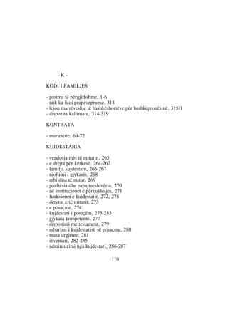-K-

KODI I FAMILJES

- parime të përgjithshme, 1-6
- nuk ka fuqi prapavepruese, 314
- lejon marrëveshje të bashkëshortëve për bashkëpronësinë, 315/1
- dispozita kalimtare, 314-319

KONTRATA

- martesore, 69-72

KUJDESTARIA

- vendosja mbi të miturin, 263
- e drejta për kërkesë, 264-267
- familja kujdestare, 266-267
- njoftimi i gjykatës, 268
- mbi disa të mitur, 269
- paaftësia dhe papajtueshmëria, 270
- në institucionet e përkujdesjes, 271
- funksionet e kujdestarit, 272, 278
- detyrat e të miturit, 273
- e posaçme, 274
- kujdestari i posaçëm, 275-283
- gjykata kompetente, 277
- disponimi me testament, 279
- mbarimi i kujdestarisë së posaçme, 280
- masa urgjente, 281
- inventari, 282-285
- administrimi nga kujdestari, 286-287

                              110
 