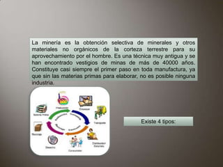 La minería es la obtención selectiva de minerales y otros
materiales no orgánicos de la corteza terrestre para su
aprovechamiento por el hombre. Es una técnica muy antigua y se
han encontrado vestigios de minas de más de 40000 años.
Constituye casi siempre el primer paso en toda manufactura, ya
que sin las materias primas para elaborar, no es posible ninguna
industria.




                                          Existe 4 tipos:
 