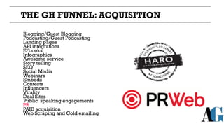 THE GH FUNNEL: ACQUISITION
Blogging/Guest Blogging
Podcasting/Guest Podcasting
E/books
Infographics
Webinars
SEO
Social Me...