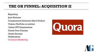 THE GH FUNNEL: ACQUISITION II
Reposting
Joint Ventures
Complements Someone Else’s Product
Videos (YouTube or similar)
Onli...