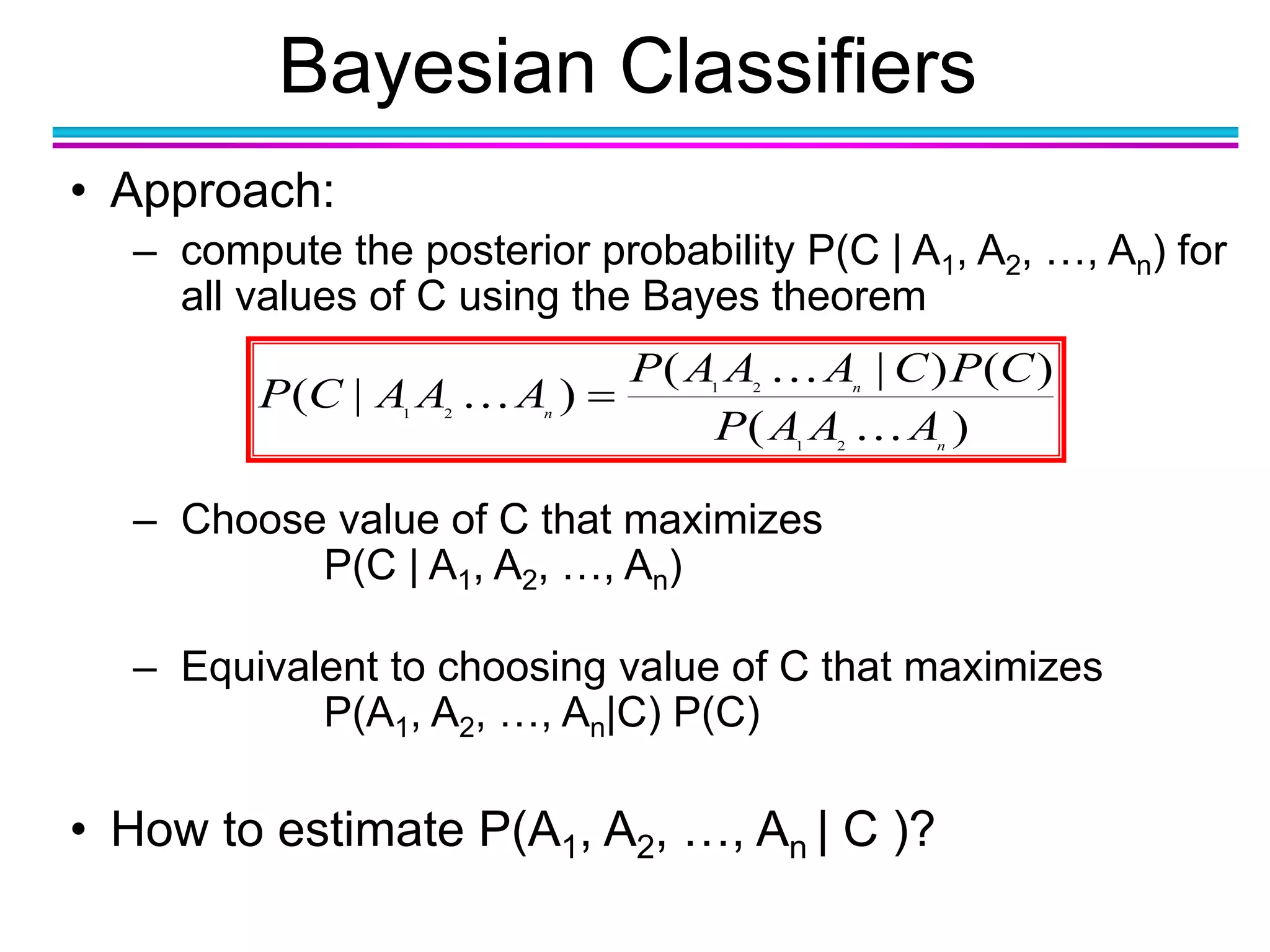 Bayesian Classifiers
• Approach:
– compute the posterior probability P(C | A1, A2, …, An) for
all values of C using the Bayes theorem
– Choose value of C that maximizes
P(C | A1, A2, …, An)
– Equivalent to choosing value of C that maximizes
P(A1, A2, …, An|C) P(C)
• How to estimate P(A1, A2, …, An | C )?
)(
)()|(
)|(
21
21
21
n
n
n
AAAP
CPCAAAP
AAACP


 
 