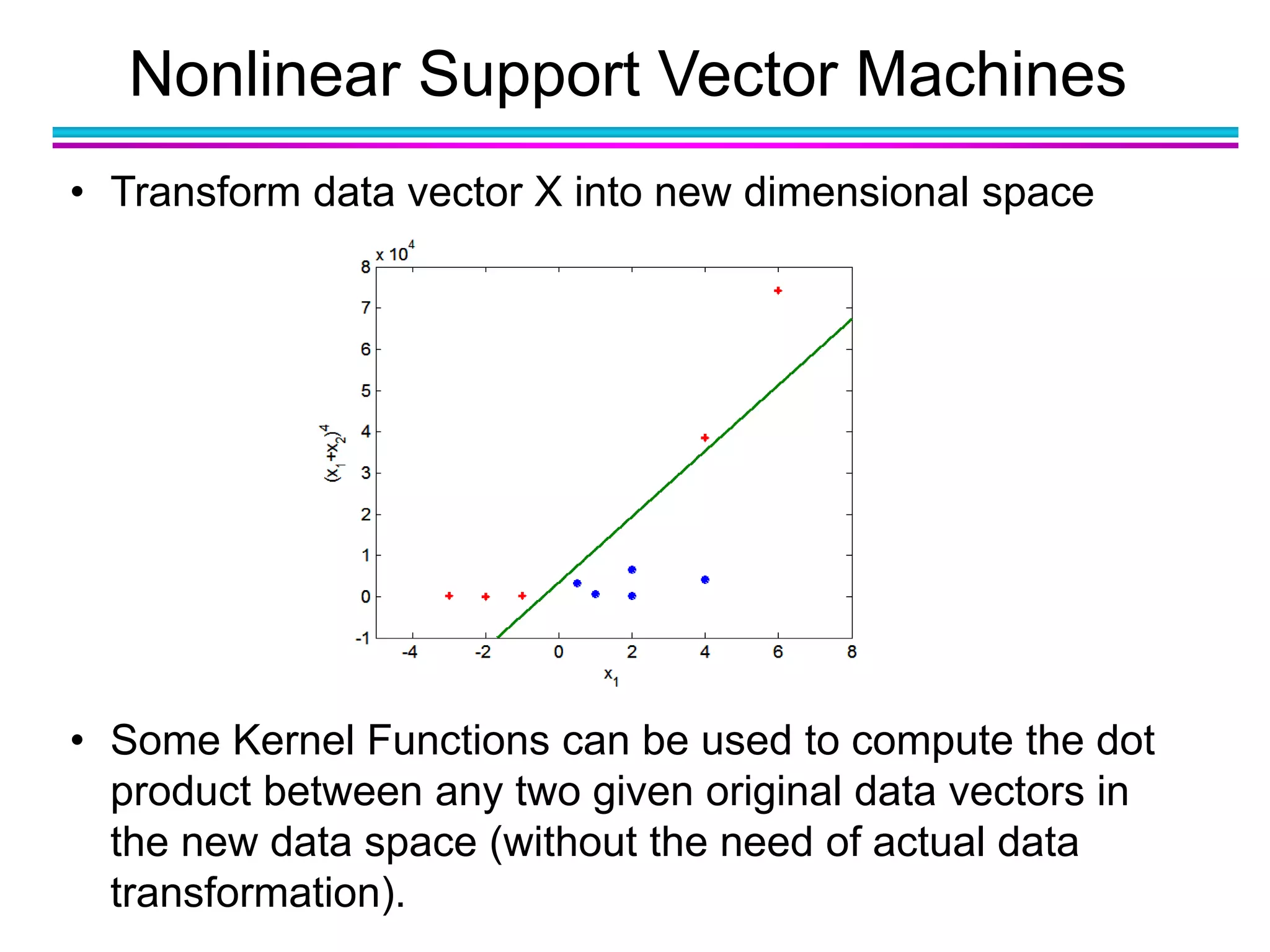 Nonlinear Support Vector Machines
• Transform data vector X into new dimensional space
• Some Kernel Functions can be used to compute the dot
product between any two given original data vectors in
the new data space (without the need of actual data
transformation).
 