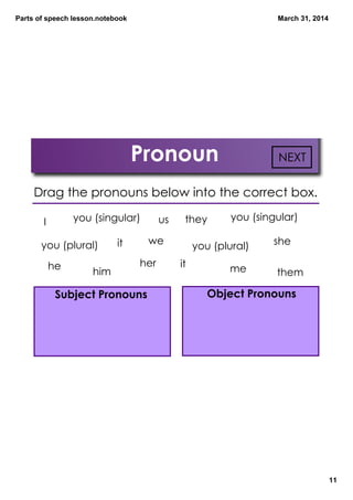 Parts of speech lesson.notebook
11
March 31, 2014
Pronoun
Drag the pronouns below into the correct box.
Subject Pronouns Object Pronouns
I
you (plural)
you (singular)
he
sheit we
they
me
you (singular)
you (plural)
him
her it
us
them
NEXT
 