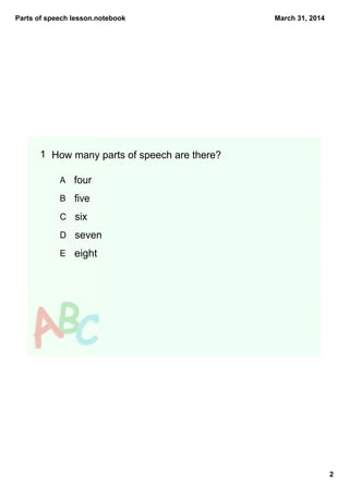 Parts of speech lesson.notebook
2
March 31, 2014
1 How many parts of speech are there?
A four
B five
C six
D seven
E eight
 