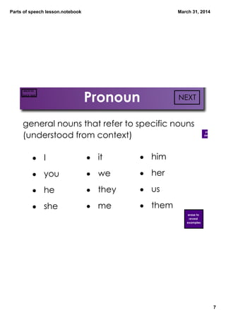 Parts of speech lesson.notebook
7
March 31, 2014
Pronoun
general nouns that refer to specific nouns
(understood from context)
pull for
definition
• I
• you
• he
• she
• it
• we
• they
• me
• him
• her
• us
• them
erase to
reveal
examples
NEXT
BACK TO
QUICK QUIZ
 