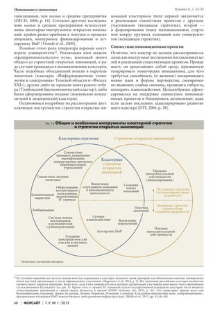 48 Форсайт Т. 9. № 1 2015
Инновации и экономика
ганизациями, чем малые и средние предприятия
[OECD, 2008, р. 14]. Согласно другому исследова-
нию малые и средние предприятия используют
лишь некоторые инструменты открытых иннова-
ций, крайне редко прибегая к покупке и продаже
лицензии, венчурному финансированию и аут-
сорсингу ИиР [Vrande et al., 2009].
Помимо этого роль генератора перемен могут
играть университеты24
. Реализация ими модели
«предпринимательского вуза», имеющей много
общего со стратегией открытых инноваций, в ря-
де случаев приводила к возникновению кластеров.
Часть подобных объединений вошли в перечень
пилотных (кластеры «Информационные техно-
логии и электроника» Томской области и «Физтех
XXI»), другие либо не прошли конкурсного отбо-
ра (Тамбовский биоэкономический кластер), либо
были сформированы позднее (московские компо-
зитный и медицинский кластеры).
Остановимся подробнее на рассмотрении двух
ключевых инструментов стратегии открытых ин-
новаций кластерного типа: первый заключается
в реализации совместных проектов с другими
участниками (входящая стратегия), второй —
в формировании пояса инновационных старта-
пов вокруг крупных компаний или университе-
тов (исходящая стратегия).
Совместные инновационные проекты
Отметим, что кластер не должен рассматриваться
лишькакинструментдостиженияпоставленныхце-
лей и реализации существующих проектов. Прежде
всего, он представляет собой среду, призванную
генерировать новаторские инициативы, для чего
требуется способность (и желание) воспринимать
новые идеи и формы партнерства, своевремен-
но выявлять слабые сигналы, проявлять гибкость,
поощрять взаимодействия. Целесообразно сфоку-
сироваться на поддержке совместных инноваци-
онных проектов и блокировать автономные, даже
если целью последних задекларировано развитие
всего кластера [DTI, 2004, р. 38].
Источник: составлено автором.
Рис. 14. Общие и особенные инструменты кластерной стратегии
и стратегии открытых инноваций
Кластерная стратегия Стратегия открытых инноваций
Кластерная
стратегия
открытых
инноваций
Совместные
тренинги, повышение
квалификации;
корректировка программ
образовательных
учреждений
Продажа
интеллектуальной
собственности
(лицензирование)
Совместные закупки,
логистика
Коллективный
маркетинг
Оборудование
коллективного
пользования,
коллективные
IT-сервисы
Лоббирование
Система поиска
поставщиков
и исполнителей
(субконтрактация)
Создание
консорциумов для
участия в крупных
заказах
Вовлечение
сотрудников компании
в инновационную
деятельность
Сетевое
взаимодействие Вовлечение
покупателей
Аутсорсинг ИиР
Создание
новых
компаний
Покупка
компаний
Покупка
интеллектуальной
собственности
Исходящая стратегия
(использование своих
разработок)
Входящая стратегия
(привлечение
сторонних разработок)
24	
Не случайно европейская система оценки качества управления в кластерах включает такой критерий, как обязательное наличие университета
и/или научной организации в числе официальных участников [Hagenauer et al., 2012, р. 2]. Все пилотные российские кластеры полностью
соответствуют данному критерию. Более того, доля в них университетов и научных организаций участников даже выше, чем в европейских
(за исключением Исландии) (см. рис. 8). Кроме того, в странах ЕС основной целью государственной поддержки кластеров часто является
стимулирование инноваций и связей между бизнесом и наукой [INNO Germany AG, 2010, р. 36]. Это характерно прежде всего для
Великобритании, Германии, Дании, Исландии, Латвии, Норвегии, Румынии, Словакии. Кластерные инициативы чаще скоординированы с
программами поддержки ИиР, нежели бизнеса, либо развития инфраструктуры [Müller et al., 2012, рр. 43–46, 60].
Куценко Е., с. 32–55
 