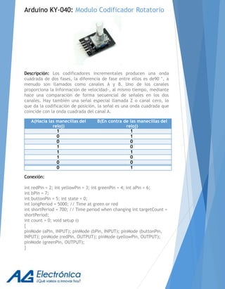Arduino KY-040: Modulo Codificador Rotatorio
Descripción: Los codificadores incrementales producen una onda
cuadrada de dos fases, la diferencia de fase entre ellos es de90 °, a
menudo son llamados como canales A y B. Uno de los canales
proporciona la Información de velocidad-, al mismo tiempo, mediante
hace una comparación de forma secuencial de señales en los dos
canales. Hay también una señal especial llamada Z o canal cero, lo
que da la codificación de posición, la señal es una onda cuadrada que
coincide con la onda cuadrada del canal A.
Conexión:
int redPin = 2; int yellowPin = 3; int greenPin = 4; int aPin = 6;
int bPin = 7;
int buttonPin = 5; int state = 0;
int longPeriod = 5000; // Time at green or red
int shortPeriod = 700; // Time period when changing int targetCount =
shortPeriod;
int count = 0; void setup ()
{
pinMode (aPin, INPUT); pinMode (bPin, INPUT); pinMode (buttonPin,
INPUT); pinMode (redPin, OUTPUT); pinMode (yellowPin, OUTPUT);
pinMode (greenPin, OUTPUT);
}
A(Hacia las manecillas del
reloj)
B(En contra de las manecillas del
reloj)
1 1
0 1
0 0
1 0
1 1
1 0
0 0
0 1
 