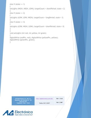 else if (state == 1)
{
setLights (HIGH, HIGH, LOW); targetCount = shortPeriod; state = 2;
}
else if (state == 2)
{
setLights (LOW, LOW, HIGH); targetCount = longPeriod; state = 3;
}
else if (state == 3)
{
setLights (LOW, HIGH, LOW); targetCount = shortPeriod; state = 0;
}
}
void setLights (int red, int yellow, int green)
{
digitalWrite (redPin, red); digitalWrite (yellowPin, yellow);
digitalWrite (greenPin, green);
}
AG Electrónica S.A. de C.V.
República del Salvador N° 20
Segundo Piso
Teléfono: 5130 - 7210
http://agelectronica.com/AG/ Rev 1. IAJA
Fecha: 03/11/2017
Rev 2. BMF
 