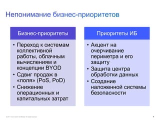 Бизнес-приоритеты                        Приоритеты ИБ

            • Переход к системам                           • Акцент на
              коллективной                                   очерчивание
              работы, облачным                               периметра и его
              вычислениям и                                  защиту
              концепции BYOD                               • Защита центра
            • Сдвиг продаж в                                 обработки данных
              «поля» (PoS, PoD)                            • Создание
            • Снижение                                       наложенной системы
              операционных и                                 безопасности
              капитальных затрат


© 2011 Cisco and/or its affiliates. All rights reserved.                          8
 