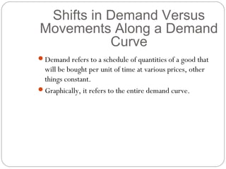 Shifts in Demand Versus
Movements Along a Demand
           Curve
Demand refers to a schedule of quantities of a good that
 will be bought per unit of time at various prices, other
 things constant.
Graphically, it refers to the entire demand curve.
 