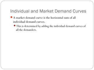 Individual and Market Demand Curves
A market demand curve is the horizontal sum of all
  individual demand curves.
  This is determined by adding the individual demand curves of
    all the demanders.
 
