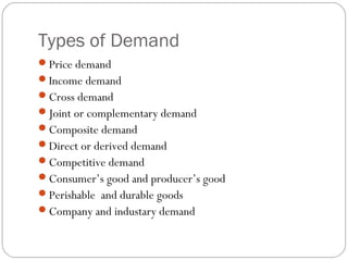 Types of Demand
Price demand
Income demand
Cross demand
Joint or complementary demand
Composite demand
Direct or derived demand
Competitive demand
Consumer’s good and producer’s good
Perishable and durable goods
Company and industary demand
 