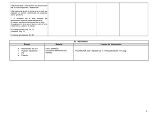 5.Se proporciona a cada alumno una lectura breve
que incluya obligaciones y sugerencias.

6.Se organiza el grupo en tercias y se les pide que
elaboren un número determinado de preguntas
yes/no questions.

7. El facilitador lee el texto completo por
enunciados y el alumno repite después de el.
El maestro solicita voluntarios para leer el texto.
Se asigna como tarea que el alumno cubra el tema
tratado en su cuaderno de trabajo.

8.-Closing activities. Pág. 74, 75
9.Revision. Pág. 76

10.Closing activities pág. 88 - 90



                                                                              D) RECURSOS
                   Equipo                                   Material                                      Fuentes de información

          •     Reproductor de cd’s             Libro: Speed Up
          •     Pizarrón electrónico            Diccionario electrónico y/o   -H.Q Mitchell. Let´s Speed Up 1.. mmpublications.111 pag.
          •     PC                              impreso
          •     Pizarrón




                                                                                                                                          4
 