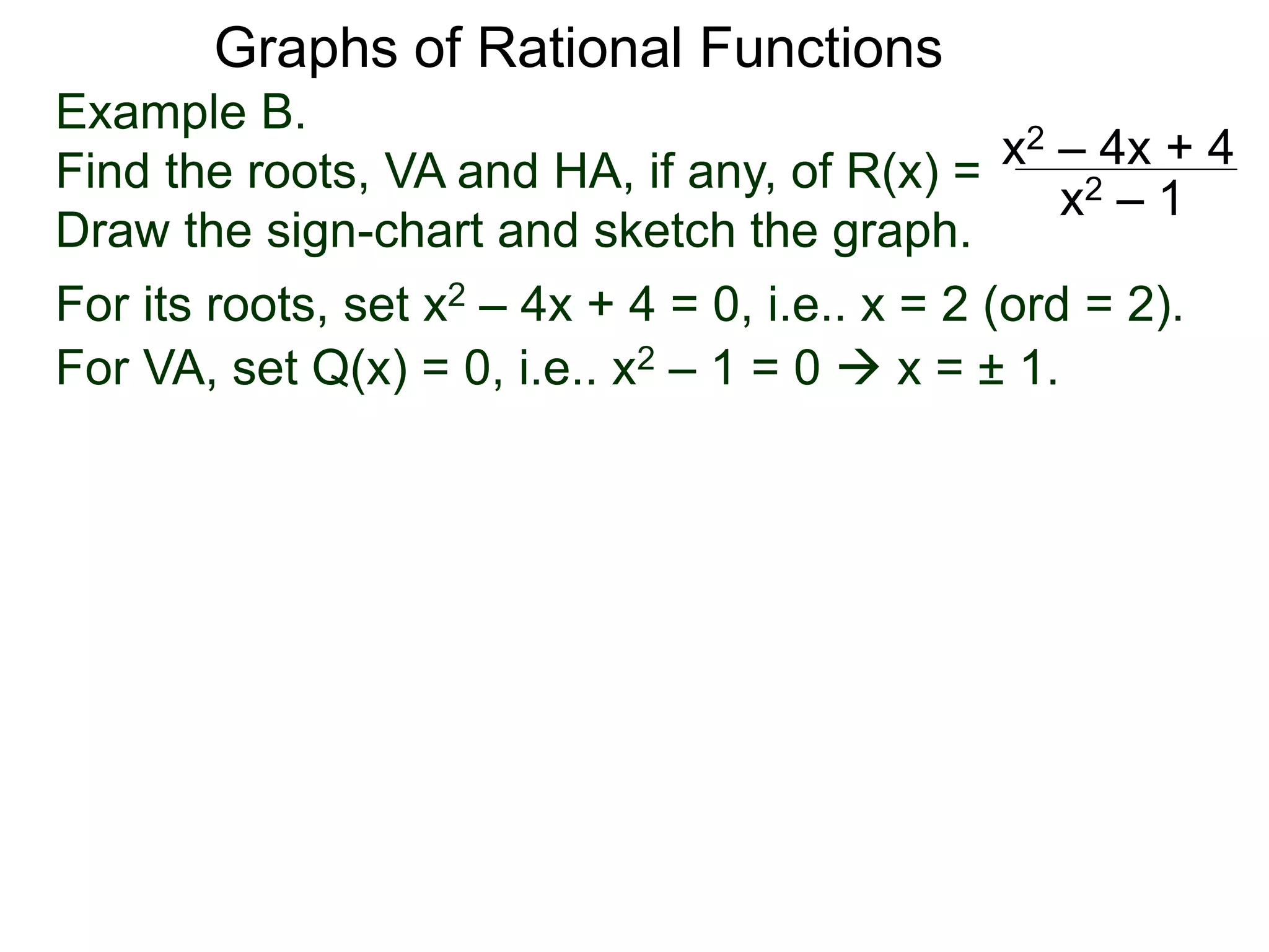 Graphs of Rational Functions
Example B.
Find the roots, VA and HA, if any, of R(x) =
Draw the sign-chart and sketch the graph.
x2 – 4x + 4
x2 – 1
For its roots, set x2 – 4x + 4 = 0, i.e.. x = 2 (ord = 2).
For VA, set Q(x) = 0, i.e.. x2 – 1 = 0  x = ± 1.
 