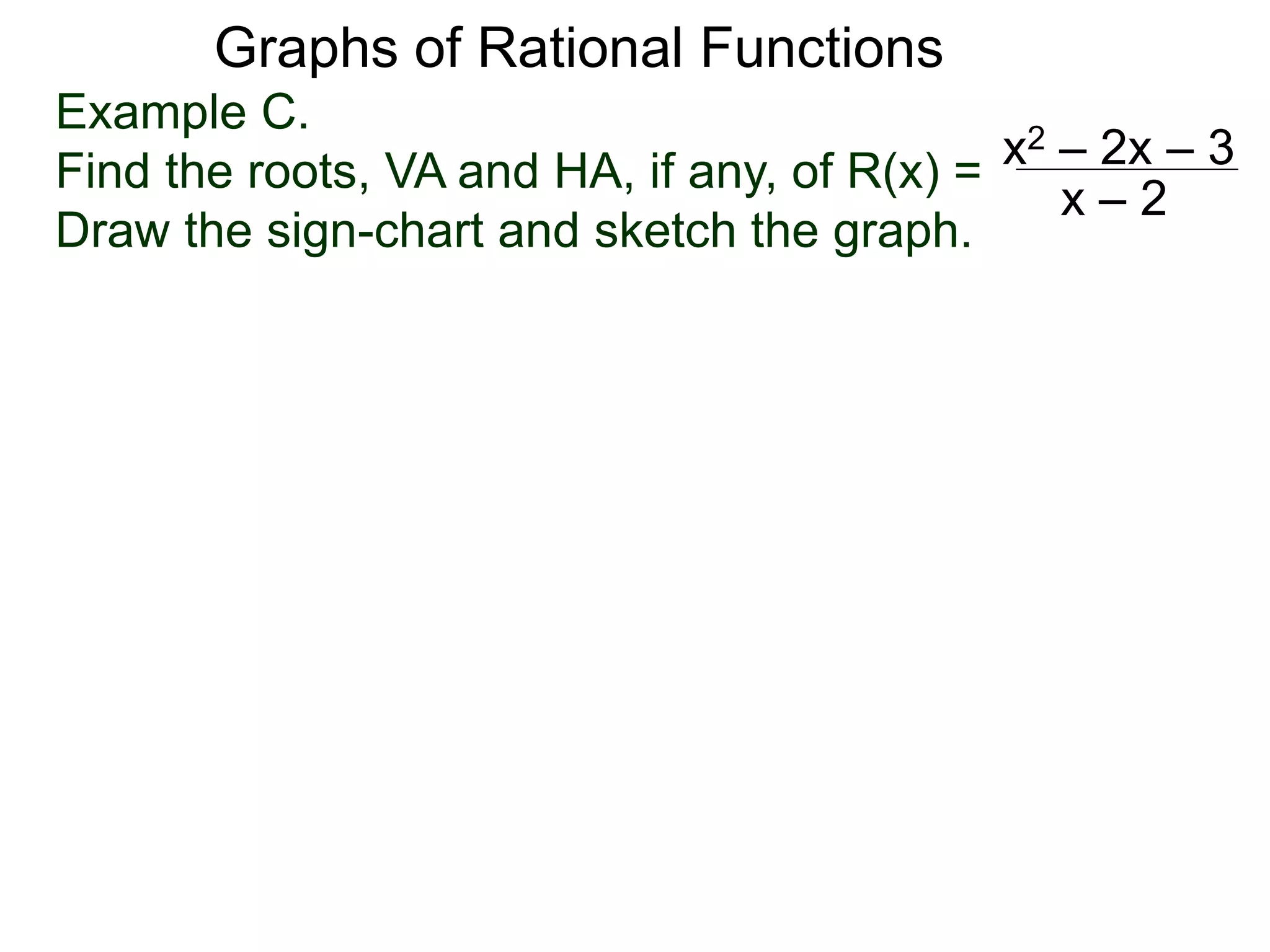 Graphs of Rational Functions
Example C.
Find the roots, VA and HA, if any, of R(x) =
Draw the sign-chart and sketch the graph.
x2 – 2x – 3
x – 2
 