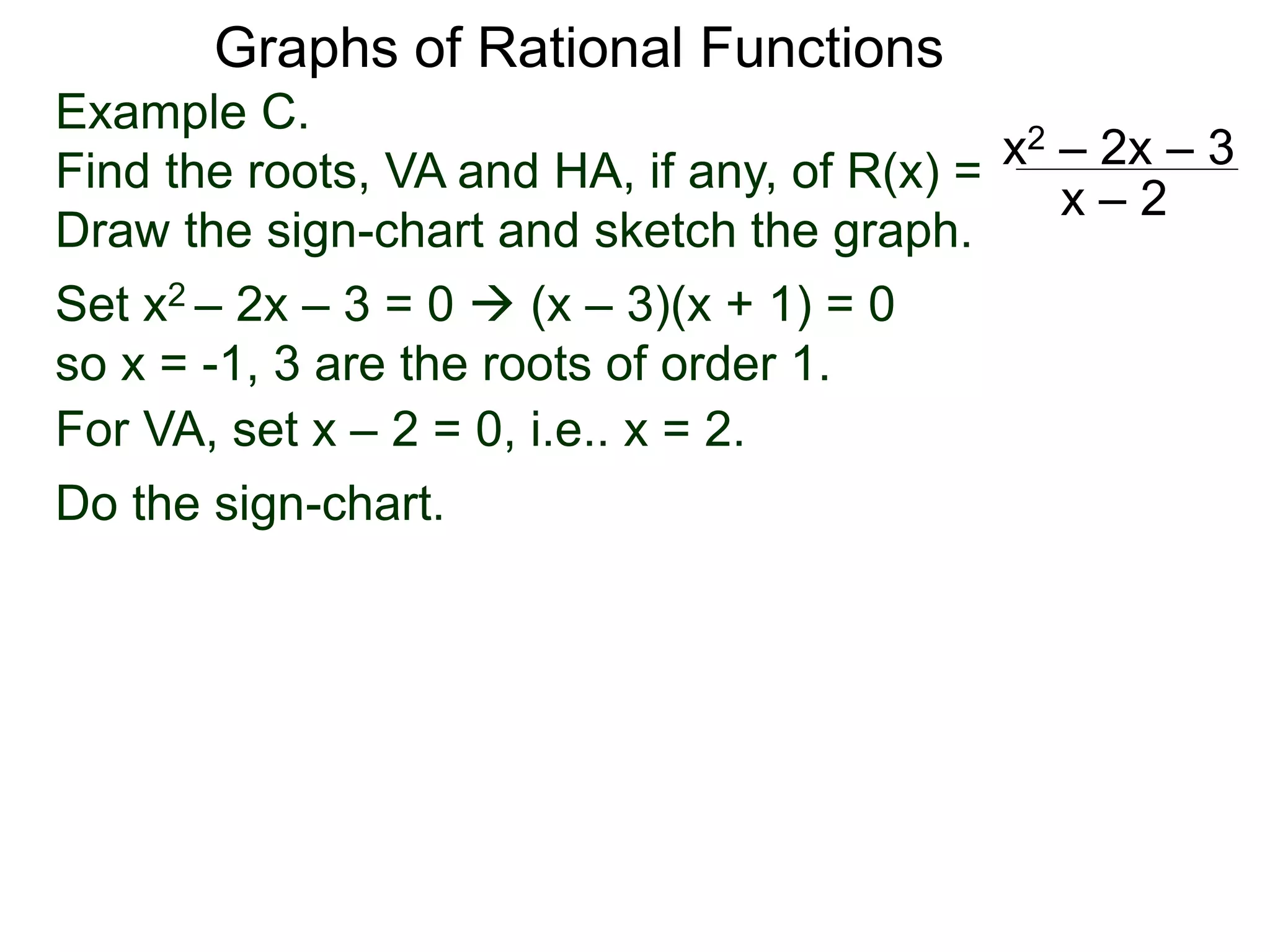Graphs of Rational Functions
Example C.
Find the roots, VA and HA, if any, of R(x) =
Draw the sign-chart and sketch the graph.
x2 – 2x – 3
x – 2
Set x2 – 2x – 3 = 0  (x – 3)(x + 1) = 0
so x = -1, 3 are the roots of order 1.
For VA, set x – 2 = 0, i.e.. x = 2.
Do the sign-chart.
 