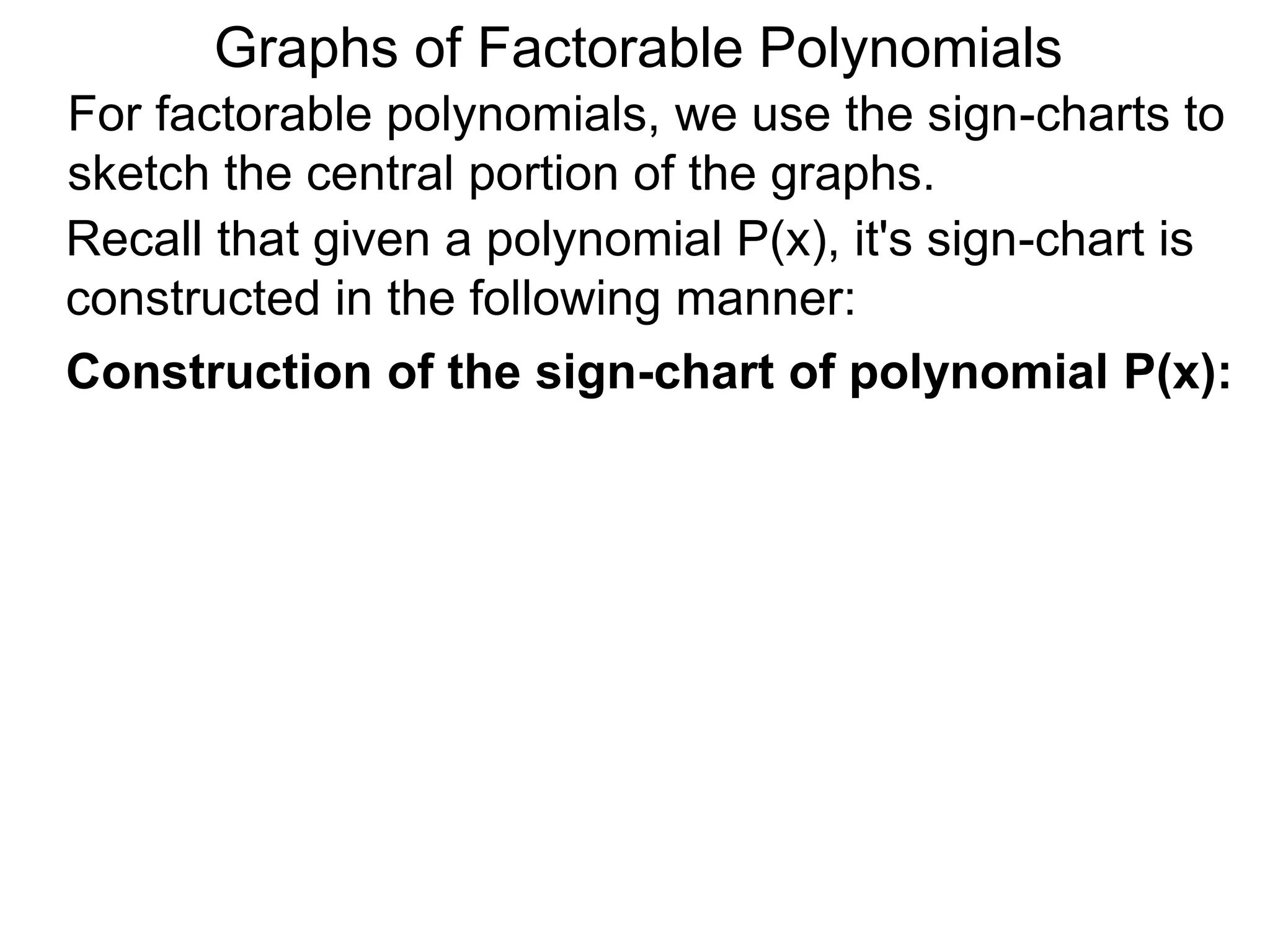 Graphs of Factorable Polynomials
For factorable polynomials, we use the sign-charts to
sketch the central portion of the graphs.
Recall that given a polynomial P(x), it's sign-chart is
constructed in the following manner:
Construction of the sign-chart of polynomial P(x):
 