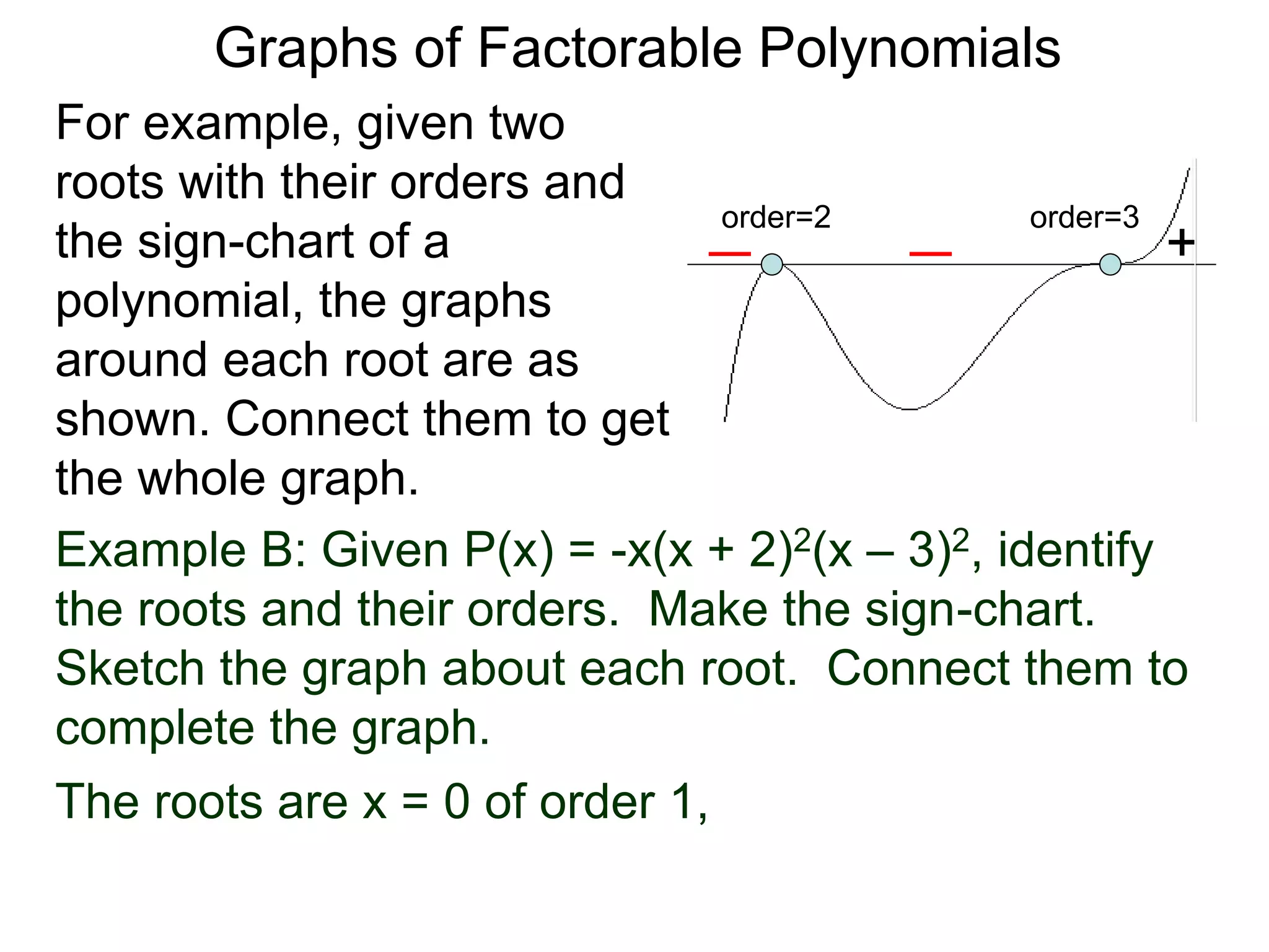 Graphs of Factorable Polynomials
For example, given two
roots with their orders and
the sign-chart of a
polynomial, the graphs
around each root are as
shown. Connect them to get
the whole graph.
Example B: Given P(x) = -x(x + 2)2(x – 3)2, identify
the roots and their orders. Make the sign-chart.
Sketch the graph about each root. Connect them to
complete the graph.
The roots are x = 0 of order 1,
+
order=2 order=3
 