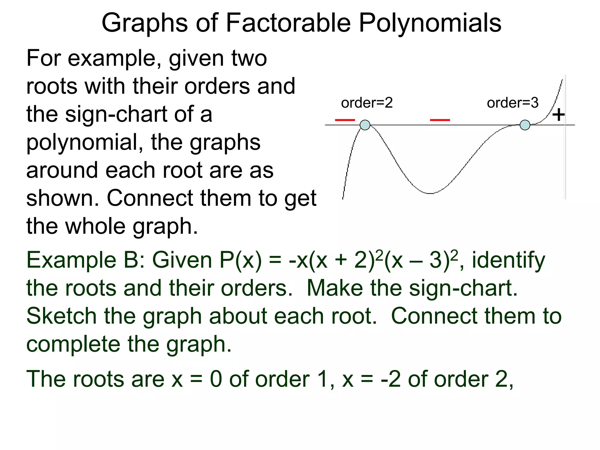 Graphs of Factorable Polynomials
For example, given two
roots with their orders and
the sign-chart of a
polynomial, the graphs
around each root are as
shown. Connect them to get
the whole graph.
Example B: Given P(x) = -x(x + 2)2(x – 3)2, identify
the roots and their orders. Make the sign-chart.
Sketch the graph about each root. Connect them to
complete the graph.
The roots are x = 0 of order 1, x = -2 of order 2,
+
order=2 order=3
 