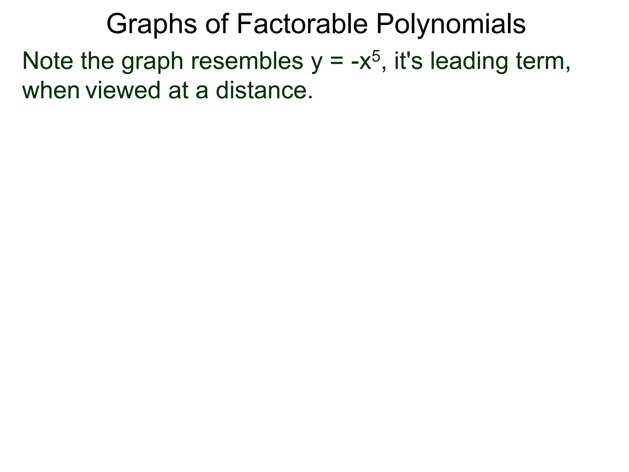 Graphs of Factorable Polynomials
Note the graph resembles y = -x5, it's leading term,
when viewed at a distance.
 