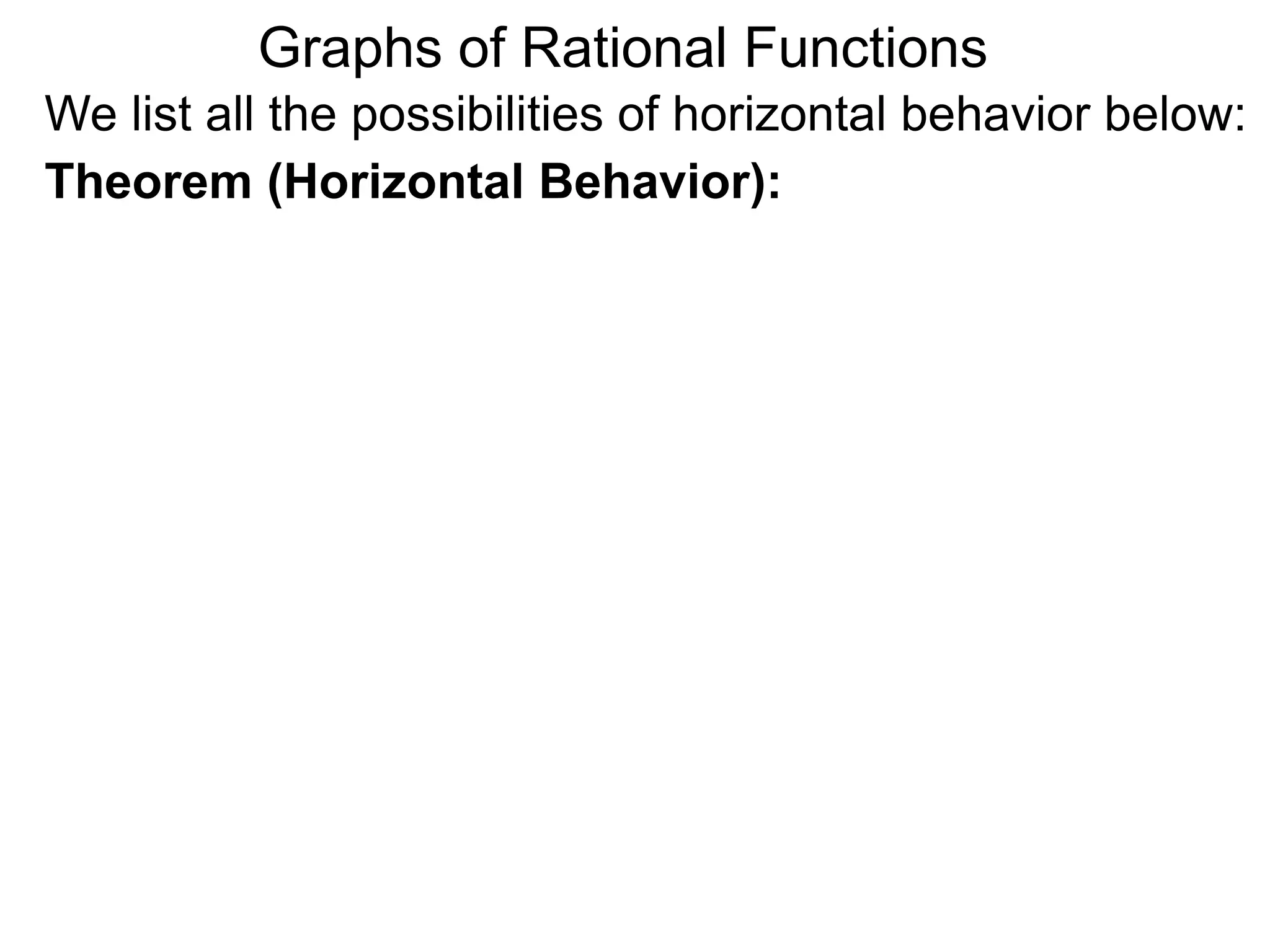 Graphs of Rational Functions
We list all the possibilities of horizontal behavior below:
Theorem (Horizontal Behavior):
 