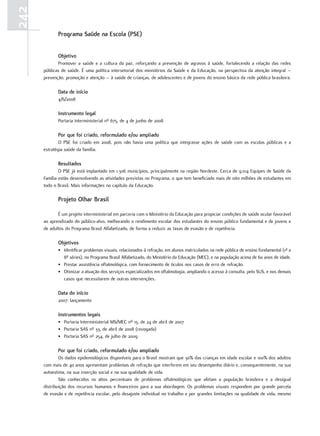 242
             Programa Saúde na escola (PSe)


             objetivo
             Promover a saúde e a cultura da paz, reforçando a prevenção de agravos à saúde, fortalecendo a relação das redes
      públicas de saúde. É uma política intersetorial dos ministérios da Saúde e da Educação, na perspectiva da atenção integral –
      prevenção, promoção e atenção – à saúde de crianças, de adolescentes e de jovens do ensino básico da rede pública brasileira.

             data de início
             4/6/2008

             Instrumento legal
             Portaria Interministerial nº 675, de 4 de junho de 2008

             Por que foi criado, reformulado e/ou ampliado
              O PSE foi criado em 2008, pois não havia uma política que integrasse ações de saúde com as escolas públicas e a
      estratégia saúde da família.

             resultados
              O PSE já está implantado em 1.306 municípios, principalmente na região Nordeste. Cerca de 9.014 Equipes de Saúde da
      Família estão desenvolvendo as atividades previstas no Programa, o que tem beneficiado mais de oito milhões de estudantes em
      todo o Brasil. Mais informações no capítulo da Educação.

             Projeto olhar Brasil

             É um projeto interministerial em parceria com o Ministério da Educação para propiciar condições de saúde ocular favorável
      ao aprendizado do público-alvo, melhorando o rendimento escolar dos estudantes do ensino público fundamental e de jovens e
      de adultos do Programa Brasil Alfabetizado, de forma a reduzir as taxas de evasão e de repetência.

             objetivos
             • Identificar problemas visuais, relacionados à refração, em alunos matriculados na rede pública de ensino fundamental (1ª a
               8ª séries), no Programa Brasil Alfabetizado, do Ministério da Educação (MEC), e na população acima de 60 anos de idade.
             • Prestar assistência oftalmológica, com fornecimento de óculos nos casos de erro de refração.
             • Otimizar a atuação dos serviços especializados em oftalmologia, ampliando o acesso à consulta, pelo SUS, e nos demais
               casos que necessitarem de outras intervenções.

             data do início
             2007: lançamento

             Instrumentos legais
             • Portaria Interministerial MS/MEC nº 15, de 24 de abril de 2007
             • Portaria SAS nº 33, de abril de 2008 (revogada)
             • Portaria SAS nº 254, de julho de 2009

             Por que foi criado, reformulado e/ou ampliado
              Os dados epidemiológicos disponíveis para o Brasil mostram que 30% das crianças em idade escolar e 100% dos adultos
      com mais de 40 anos apresentam problemas de refração que interferem em seu desempenho diário e, consequentemente, na sua
      autoestima, na sua inserção social e na sua qualidade de vida.
              São conhecidos os altos percentuais de problemas oftalmológicos que afetam a população brasileira e a desigual
      distribuição dos recursos humanos e financeiros para a sua abordagem. Os problemas visuais respondem por grande parcela
      de evasão e de repetência escolar, pelo desajuste individual no trabalho e por grandes limitações na qualidade de vida, mesmo
 