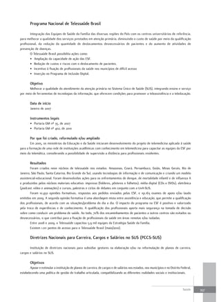 Programa nacional de telessaúde Brasil

        Integração das Equipes de Saúde da Família das diversas regiões do País com os centros universitários de referência,
para melhorar a qualidade dos serviços prestados em atenção primária, diminuindo o custo de saúde por meio da qualificação
profissional, da redução da quantidade de deslocamentos desnecessários de pacientes e do aumento de atividades de
prevenção de doenças.
        O Telessaúde Brasil possibilita ações como:
        • Ampliação da capacidade de ação das ESF.
        • Redução de custos e riscos com o deslocamento de pacientes.
        • Incentivo à fixação de profissionais da saúde nos municípios de difícil acesso
        • Inserção no Programa de Inclusão Digital.

        objetivo
       Melhorar a qualidade do atendimento da atenção primária no Sistema Único de Saúde (SUS), integrando ensino e serviço
por meio de ferramentas de tecnologias da informação, que oferecem condições para promover a teleassistência e a teleducação.

        data de início
        Janeiro de 2007

        Instrumentos legais
        • Portaria GM nº 35, de 2007
        • Portaria GM nº 402, de 2010

        Por que foi criado, reformulado e/ou ampliado
        Em 2005, os ministérios da Educação e da Saúde iniciaram desenvolvimento do projeto de telemedicina aplicada à saúde
para a formação de uma rede de instituições acadêmicas com conhecimento em telemedicina para capacitar as equipes da ESF por
meio da telemática, considerando a possibilidade de supervisão a distância para profissionais residentes.

        resultados
        Foram criados nove núcleos de telessaúde nos estados: Amazonas, Ceará, Pernambuco, Goiás, Minas Gerais, Rio de
Janeiro, São Paulo, Santa Catarina, Rio Grande do Sul, usando tecnologias de informação e de comunicação e criando um modelo
assistencial-educacional. Foram desenvolvidas ações para os enfrentamentos de dengue, de mortalidade infantil e de influenza A
e produzidos pelos núcleos materiais educativo: impresso (folderes, pôsteres e folhetos), mídia digital (CDs e DVDs), eletrônica
(podcast, vídeo e animações) e cursos, palestras e ciclos de debates em conjunto com a UnA-SUS.
        Foram 10.450 opiniões formativas, respostas aos pedidos enviados pelas ESF, e 191.163 exames de apoio e/ou laudo
emitidos em 2009. A segunda opinião formativa é uma abordagem mista entre assistência e educação, que permite a qualificação
dos profissionais, de acordo com as situações/problema do dia a dia. O impacto do programa na ESF é positivo e valorizado
pela troca de experiências e de conhecimento. A qualificação dos profissionais aporta mais segurança na tomada de decisão
sobre como conduzir um problema de saúde. Ao todo, 70% dos encaminhamentos de pacientes a outros centros são evitados ou
desnecessários, o que contribui para a fixação de profissionais da saúde em áreas remotas e/ou isoladas.
        Entre 2008 e 2009, o Telessaúde capacitou 5,9 mil equipes da Estratégia Saúde da Família.
        Existem 1.011 pontos de acesso para o Telessaúde Brasil (maio/2010).

        diretrizes nacionais para Carreira, Cargos e Salários no SuS (PCCS-SuS)

       Instituição de diretrizes nacionais para subsidiar gestores na elaboração e/ou na reformulação de planos de carreira,
cargos e salários no SUS.

        objetivos
        Apoiar e estimular a instituição de planos de carreira, de cargos e de salários nos estados, nos municípios e no Distrito Federal,
estabelecendo uma política de gestão do trabalho articulada, compatibilizando as diferentes realidades sociais e institucionais.



                                                                                                                                   Saúde     357
 
