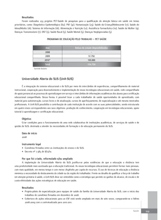 resultados
        Foram realizados 233 projetos PET-Saúde de pesquisas para a qualificação da atenção básica em saúde em temas
prioritários, como: Diagnóstico Epidemiológico (62), PSF (41), Humanização (23), Saúde da Criança/Adolescente (17), Saúde do
Idoso/Adulto (16), Sistema de Informação (16), Alimentação e Nutrição (12), Assistência Farmacêutica (10), Saúde da Mulher (9),
Doenças Transmissíveis (7), DST (5), Saúde Bucal (5), Saúde Mental (5), Doenças Negligenciadas (5).

                                          ProGrama de eduCação PeLo traBaLHo – Pet Saúde


                                    Ano                        Bolsas de estudo disponibilizadas
                                    2008                                       -
                                    2009                                    51.750
                                   2010*                                   103.000
                                    Total                                  154.750
                    *previsão dez/2010.




       universidade aberta do SuS (una-SuS)

         É a integração do sistema educacional e do SUS por meio do intercâmbio de experiências, compartilhamento de material
instrucional, cooperação para desenvolvimento e implementação de novas tecnologias educacionais em saúde, rede compartilhada
de apoio presencial ao processo de aprendizagem em serviço e intercâmbio de informações acadêmicas dos alunos para certificação
educacional compartilhada. Dessa forma, é possível levar a cada trabalhador de saúde oportunidades de aprendizado, com
material para autoinstrução, cursos livres e de atualização, cursos de aperfeiçoamento, de especialização e até mesmo mestrados
profissionais. A UnA-SUS possibilita a contribuição de cada instituição de acordo com as suas potencialidades, sendo estruturada
em quatro eixos correspondentes aos seus objetivos: produção de conhecimento, cooperação em tecnologias educacionais, apoio
tutorial à aprendizagem e certificação educacional.

       objetivo
       Criar condições para o funcionamento de uma rede colaborativa de instituições acadêmicas, de serviços de saúde e de
gestão do SUS, destinada a atender às necessidades de formação e de educação permanente do SUS.

       data de início
       2008

       Instrumento legal
       • Convênios firmados entre as instituições de ensino e do SUS.
       • Decreto nº 7.385 de 8/12/10.

       Por que foi criado, reformulado e/ou ampliado
       A implantação da Universidade Aberta do SUS justifica-se pelas evidências de que a educação a distância tem
uma produtividade mais acentuada que a educação tradicional. As novas tecnologias educacionais permitem formar mais pessoas,
com mais qualidade, em menos tempo e com menor dispêndio per capita de recursos. O uso de técnicas de educação a distância
minimiza a necessidade de deslocamento da cidade ou da região do trabalhador. Frente ao desafio de qualificar a força de trabalho
em atenção primária à saúde, a UnA-SUS deve ser entendida como a estratégia que permite os ganhos de alcance, de escala e de
custo-efetividade das ações estratégicas de educação em saúde.

       resultados
       • Projeto-piloto de especialização para equipes de saúde da família da Universidade Aberta do SUS, com o início dos
         trabalhos de convênios firmados em dezembro de 2008.
       • Cobertura de ações educacionais para as ESF está sendo ampliada em mais de sete vezes, comparando-se o biênio
         2008-2009 com a contratualizada para 2010-2011.


                                                                                                                          Saúde     359
 