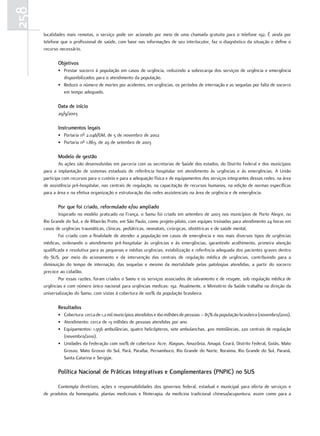 258
      localidades mais remotas, o serviço pode ser acionado por meio de uma chamada gratuita para o telefone 192. É ainda por
      telefone que o profissional de saúde, com base nas informações de seu interlocutor, faz o diagnóstico da situação e define o
      recurso necessário.

             objetivos
             • Prestar socorro à população em casos de urgência, reduzindo a sobrecarga dos serviços de urgência e emergência
               disponibilizados para o atendimento da população.
             • Reduzir o número de mortes por acidentes, em urgências, os períodos de internação e as sequelas por falta de socorro
               em tempo adequado.

             data de início
             29/9/2003

             Instrumentos legais
             • Portaria nº 2.048/GM, de 5 de novembro de 2002
             • Portaria nº 1.863, de 29 de setembro de 2003

             modelo de gestão
              As ações são desenvolvidas em parceria com as secretarias de Saúde dos estados, do Distrito Federal e dos municípios
      para a implantação de sistemas estaduais de referência hospitalar em atendimento às urgências e às emergências. A União
      participa com recursos para o custeio e para a adequação física e de equipamentos dos serviços integrantes dessas redes, na área
      de assistência pré-hospitalar, nas centrais de regulação, na capacitação de recursos humanos, na edição de normas específicas
      para a área e na efetiva organização e estruturação das redes assistenciais na área de urgência e de emergência.

             Por que foi criado, reformulado e/ou ampliado
              Inspirado no modelo praticado na França, o Samu foi criado em setembro de 2003 nos municípios de Porto Alegre, no
      Rio Grande do Sul, e de Ribeirão Preto, em São Paulo, como projeto-piloto, com equipes treinadas para atendimento 24 horas em
      casos de urgências traumáticas, clínicas, pediátricas, neonatais, cirúrgicas, obstétricas e de saúde mental.
              Foi criado com a finalidade de atender a população em casos de emergência e nos mais diversos tipos de urgências
      médicas, ordenando o atendimento pré-hospitalar às urgências e às emergências, garantindo acolhimento, primeira atenção
      qualificada e resolutiva para as pequenas e médias urgências, estabilização e referência adequada dos pacientes graves dentro
      do SUS, por meio do acionamento e da intervenção das centrais de regulação médica de urgências, contribuindo para a
      diminuição do tempo de internação, das sequelas e mesmo da mortalidade pelas patologias atendidas, a partir do socorro
      precoce ao cidadão.
              Por essas razões, foram criados o Samu e os serviços associados de salvamento e de resgate, sob regulação médica de
      urgências e com número único nacional para urgências medicas: 192. Atualmente, o Ministério da Saúde trabalha na direção da
      universalização do Samu, com vistas à cobertura de 100% da população brasileira.

             resultados
             • Cobertura: cerca de 1,2 mil municípios atendidos e 160 milhões de pessoas – 85% da população brasileira (novembro/2010).
             • Atendimento: cerca de 13 milhões de pessoas atendidas por ano.
             • Equipamentos: 1.956 ambulâncias, quatro helicópteros, sete ambulanchas, 400 motolâncias, 220 centrais de regulação
               (novembro/2010).
             • Unidades da Federação com 100% de cobertura: Acre, Alagoas, Amazônia, Amapá, Ceará, Distrito Federal, Goiás, Mato
               Grosso, Mato Grosso do Sul, Pará, Paraíba, Pernambuco, Rio Grande do Norte, Roraima, Rio Grande do Sul, Paraná,
               Santa Catarina e Sergipe.

             Política nacional de Práticas Integrativas e Complementares (PnPIC) no SuS

             Contempla diretrizes, ações e responsabilidades dos governos federal, estadual e municipal para oferta de serviços e
      de produtos da homeopatia, plantas medicinais e fitoterapia, da medicina tradicional chinesa/acupuntura, assim como para a
 