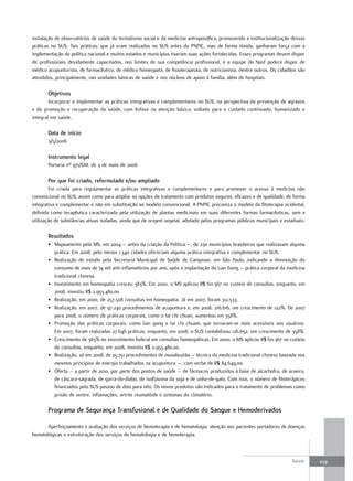 instalação de observatórios de saúde do termalismo social e da medicina antroposófica, promovendo a institucionalização dessas
práticas no SUS. Tais práticas, que já eram realizadas no SUS antes da PNPIC, mas de forma tímida, ganharam força com a
implementação da política nacional e muitos estados e municípios tiveram suas ações fortalecidas. Esses programas devem dispor
de profissionais devidamente capacitados, nos limites de sua competência profissional, e a equipe do Nasf poderá dispor de
médico acupunturista, de farmacêutico, de médico homeopata, de fisioterapeuta, de nutricionista, dentre outros. Os cidadãos são
atendidos, principalmente, nas unidades básicas de saúde e nos núcleos de apoio à família, além de hospitais.

       objetivos
        Incorporar e implementar as práticas integrativas e complementares no SUS, na perspectiva da prevenção de agravos
e da promoção e recuperação da saúde, com ênfase na atenção básica, voltada para o cuidado continuado, humanizado e
integral em saúde.

       data de início
       3/5/2006

       Instrumento legal
       Portaria nº 971/GM, de 3 de maio de 2006

       Por que foi criado, reformulado e/ou ampliado
        Foi criada para regulamentar as práticas integrativas e complementares e para promover o acesso à medicina não
convencional no SUS, assim como para ampliar as opções de tratamento com produtos seguros, eficazes e de qualidade, de forma
integrativa e complementar e não em substituição ao modelo convencional. A PNPIC preconiza o modelo da fitoterapia ocidental,
definida como terapêutica caracterizada pela utilização de plantas medicinais em suas diferentes formas farmacêuticas, sem a
utilização de substâncias ativas isoladas, ainda que de origem vegetal, adotado pelos programas públicos municipais e estaduais.

       resultados
       • Mapeamento pelo MS, em 2004 – antes da criação da Política –, de 230 municípios brasileiros que realizavam alguma
         prática. Em 2008, pelo menos 1.340 cidades ofereciam alguma prática integrativa e complementar no SUS.
       • Realização de estudo pela Secretaria Municipal de Saúde de Campinas, em São Paulo, indicando a diminuição do
         consumo de mais de 74 mil anti-inflamatórios por ano, após a implantação do Lian Gong – prática corporal da medicina
         tradicional chinesa.
       • Investimento em homeopatia cresceu 383%. Em 2000, o MS aplicou R$ 611.367 no custeio de consultas, enquanto, em
         2008, investiu R$ 2.953.480,00
       • Realização, em 2000, de 257.508 consultas em homeopatia. Já em 2007, foram 312.533.
       • Realização, em 2007, de 97.240 procedimentos de acupuntura e, em 2008, 216.616, um crescimento de 122%. De 2007
         para 2008, o número de práticas corporais, como o tai chi chuan, aumentou em 358%.
       • Promoção das práticas corporais, como lian gong e tai chi chuam, que tornaram-se mais acessíveis aos usuários.
         Em 2007, foram realizadas 27.646 práticas, enquanto, em 2008, o SUS contabilizou 126.652, um crescimento de 358%.
       • Crescimento de 383% no investimento federal em consultas homeopáticas. Em 2000, o MS aplicou R$ 611.367 no custeio
         de consultas, enquanto, em 2008, investiu R$ 2.953.480,00.
       • Realização, só em 2008, de 25.751 procedimentos de moxabustão – técnica da medicina tradicional chinesa baseada nos
         mesmos princípios de energia trabalhados na acupuntura –, com verba de R$ 84.649,00.
       • Oferta – a partir de 2010, por parte dos postos de saúde – de fármacos produzidos à base de alcachofra, de aroeira,
         de cáscara-sagrada, de garra-do-diabo, de isoflavona da soja e de unha-de-gato. Com isso, o número de fitoterápicos
         financiados pelo SUS passou de dois para oito. Os novos produtos são indicados para o tratamento de problemas como
         prisão de ventre, inflamações, artrite reumatóide e sintomas do climatério.

       Programa de Segurança transfusional e de qualidade do Sangue e Hemoderivados

       Aperfeiçoamento e avaliação dos serviços de hemoterapia e de hematologia, atenção aos pacientes portadores de doenças
hematológicas e estruturação dos serviços de hematologia e de hemoterapia.



                                                                                                                         Saúde     259
 