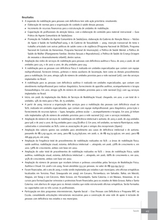 resultados
• A expansão da reabilitação para pessoas com deficiência tem sido ação prioritária, envolvendo:
  D Elaboração de normas para a organização do cuidado à saúde dessas pessoas.
  D Incremento de recursos financeiros para a estruturação de unidades de reabilitação.
  D Capacitação de profissionais da atenção básica, com a elaboração de conteúdo para material instrucional – Guia
      Prático do Agente Comunitário de Saúde/2010.
  D Promoção do Trabalho do Agente Comunitário de Saúde/2010, elaboração do Caderno de Atenção Básica – Núcleo
      de Apoio à Saúde da Família/Nasf-2009, e do Caderno de Sexualidade – 2009, inserção transversal do tema e
      trabalho articulado com outras políticas de saúde como a de vigilância (Programa Nacional de DST/aids, Programa
      Nacional de Controle da Hanseníase, Programa Nacional de Imunização), a Política de Saúde Mental, a Política de
      Saúde da Mulher (Planejamento Familiar, Direitos Sexuais e Reprodutivos), a Política de Saúde da Criança (triagem
      de neonatos e desenvolvimento infantil), dentre outras.
• Ampliação das redes de serviços de reabilitação para pessoas com deficiência auditiva e física, de 2003 a 2006, de 108
  unidades para 225, e de 2007 a 2010, de 265 unidades para 304.
• A reabilitação para as pessoas com deficiência física é realizada em unidades especializadas que contam com equipe
  multiprofissional, fornecem órteses, próteses e meios auxiliares de locomoção, bem como os demais procedimentos
  para a reabilitação. Em 2010, atingiu 74% do número de unidades previstas para a rede nacional (216), com 160 serviços
  implantados no Brasil.
• A reabilitação para as pessoas com deficiência auditiva é realizada em unidades especializadas, que contam com
  atendimento multiprofissional para realizar diagnóstico, fornecimento de aparelho auditivo, acompanhamento e terapia
  fonoaudiológica. Em 2010, atingiu 93% do número de unidades previstas para a rede nacional (155), com 144 serviços
  implantados no Brasil.
• Início, em 2008, da implantação das Redes de Serviços de Reabilitação Visual, chegando, em 2010, a um total de 11
  unidades, 14% da meta para o País, de 75 unidades.
• A partir de 2009, inicia-se a organização dos serviços para a reabilitação das pessoas com deficiência visual no
  SUS, realizada em unidades especializadas, que contam com equipe multiprofissional, para diagnóstico, prescrição e
  fornecimento de recursos ópticos – lupas, bengalas, prótese ocular –, acompanhamento e terapias. Em 2010, já tinham
  sido implantados 14% do número de unidades previstas para a rede nacional (75), com 11 serviços instalados.
• Ampliação do número de serviços de reabilitação em deficiência intelectual e autismo, de 2003 a 2006, de 259 unidades
  para 508, e de 2007 a 2010, de 614 unidades para 1.004 (Gráfico 1). Em 2010, mil unidades, na maioria filantrópicas, estão
  cadastradas e conveniadas ao SUS, como as associações de pais e amigos dos excepcionais (Apaes).
• Ampliação dos valores gastos nas unidades para atendimento aos casos de deficiência intelectual e de autismo,
  passando de R$ 5.191.144,00, em 2003, para R$ 73.253.656,000, em 2006, e, de R$ 104.731.956,00, em 2007, para R$
  168.499.305,00, em 2009.
• Ampliação da frequência total de procedimentos de reabilitação realizados no SUS –a áreas de reabilitação física,
  saúde auditiva, reabilitação visual, estomia, deficiência intelectual –, atingindo, em 2006, 278% de crescimento e, em
  2010, 518% de crescimento, ambos com base em 2002.
• Ampliação do valor total de procedimentos de reabilitação realizados no SUS – áreas de reabilitação física, saúde
  auditiva, reabilitação visual, estomia, deficiência intelectual –, atingindo, em 2006, 168% de crescimento e, em 2010,
  315% de crescimento, ambos com base em 2002.
• Ampliação do número de pessoas que recebem órteses e próteses concedidas pelos Serviços de Reabilitação Física,
  Auditiva e Visual. Em 2008 e em 2009, foram atendidas 553.310 pessoas, no valor de R$ 593.199.791,57.
• Foram financiadas, até o ano de 2009, e estão sendo implantadas por estados e por municípios, oito oficinas ortopédicas
  localizadas em Terezina, Piauí, (inaugurada em 2009), em Caruaru, Pernambuco, em Salvador, Bahia, em Maceió,
  Alagoas, em Sinop e em Cárceres, Mato Grosso, em Florianópolis, Santa Catarina, e em Manaus, Amazonas. Já os
  cursos para formar/capacitar ortesistas e protesistas foram financiados para os estados de Mato Grosso, Bahia e Santa
  Catarina, com abertura de vagas para os demais estados que estão estruturando oficinas ortopédicas. Serão formados
  ou capacitados com os três cursos 70 profissionais.
• Participação em dois programas interministeriais, Agenda Social – Eixo Pessoas com Deficiência e Programa BPC na
  Escola, consolidando articulações intersetoriais necessárias para a construção de uma rede de apoio à inclusão de
  pessoas com deficiência nos estados e nos municípios.



                                                                                                                     Saúde     277
 