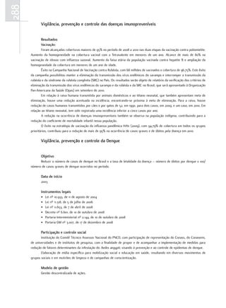 288
             Vigilância, prevenção e controle das doenças imunopreveníveis


             resultados
              Vacinação:
              Foram alcançadas coberturas maiores de 95% no período de 2008 a 2010 nas duas etapas da vacinação contra poliomielite.
      Aumento da homogeneidade na cobertura vacinal com a Tetravalente em menores de um ano. Alcance de mais de 80% na
      vacinação de idosos com influenza sazonal. Aumento da faixa etária da população vacinada contra hepatite B e ampliação da
      homogeneidade da cobertura em menores de um ano de idade.
              Êxito na Campanha Nacional de Vacinação contra Rubéola, com 68 milhões de vacinados e cobertura de 96,75%. Este êxito
      da campanha possibilitou manter a eliminação da transmissão dos vírus endêmicos do sarampo e interromper a transmissão da
      rubéola e da síndrome da rubéola congênita (SRC) no País. Os resultados serão objeto de relatório da verificação dos critérios de
      eliminação da transmissão dos vírus endêmicos do sarampo e da rubéola e da SRC no Brasil, que será apresentado à Organização
      Pan-Americana da Saúde (Opas) em setembro de 2010.
              Em relação à raiva humana transmitida por animais domésticos e ao tétano neonatal, que também apresentam meta de
      eliminação, houve uma redução acentuada na incidência, encontrando-se próxima à meta de eliminação. Para a raiva, houve
      redução de casos humanos transmitidos por cães e por gatos de 52, em 1990, para dois casos, em 2009, e um caso, em 2010. Em
      relação ao tétano neonatal, tem sido registrada uma incidência inferior a cinco casos por ano.
              A redução na ocorrência de doenças imunopreveníveis também se observa na população indígena, contribuindo para a
      redução do coeficiente de mortalidade infantil nessa população.
              O êxito na estratégia de vacinação da influenza pandêmica H1N1 (2009), com 94,79% de cobertura em todos os grupos
      prioritários, contribuiu para a redução de mais de 95% na ocorrência de casos graves e de óbitos pela doença em 2010.

             Vigilância, prevenção e controle da dengue


             objetivo
            Reduzir o número de casos de dengue no Brasil e a taxa de letalidade da doença – número de óbitos por dengue x 100/
      número de casos graves de dengue ocorridos no período.

             data de início
             2003

             Instrumentos legais
             •   Lei nº 10.933, de 11 de agosto de 2004
             •   Lei nº 11.318, de 5 de julho de 2006
             •   Lei nº 11.653, de 7 de abril de 2008
             •   Decreto nº 6.601, de 10 de outubro de 2008
             •   Portaria Interministerial nº 2.144, de 10 de outubro de 2008
             •   Portaria GM nº 3.007, de 17 de dezembro de 2008

             Participação e controle social
             Instituição do Comitê Técnico Assessor Nacional do PNCD, com participação de representação do Conass, do Conasems,
      de universidades e de institutos de pesquisa, com a finalidade de propor e de acompanhar a implementação de medidas para
      redução de fatores determinantes da infestação do Aedes aegypti, visando à prevenção e ao controle de epidemias de dengue.
             Elaboração de mídia específica para mobilização social e educação em saúde, resultando em diversos movimentos de
      grupos sociais e em mutirões de limpeza e de campanhas de conscientização.

             modelo de gestão
             Gestão descentralizada de ações.
 