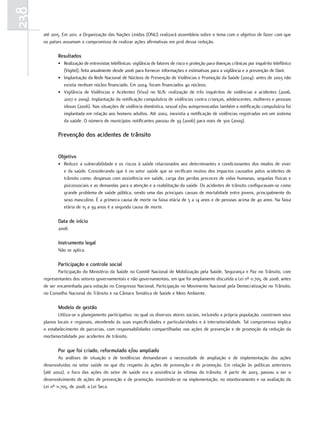 238
      até 2015. Em 2011, a Organização das Nações Unidas (ONU) realizará assembleia sobre o tema com o objetivo de fazer com que
      os países assumam o compromisso de realizar ações afirmativas em prol dessa redução.

             resultados
             • Realização de entrevistas telefônicas: vigilância de fatores de risco e proteção para doenças crônicas por inquérito telefônico
               (Vigitel), feita anualmente desde 2006 para fornecer informações e estimativas para a vigilância e a prevenção de Dant.
             • Implantação da Rede Nacional de Núcleos de Prevenção de Violências e Promoção da Saúde (2004): antes de 2003 não
               existia nenhum núcleo financiado. Em 2004, foram financiados 40 núcleos.
             • Vigilância de Violências e Acidentes (Viva) no SUS: realização de três inquéritos de violências e acidentes (2006,
               2007 e 2009). Implantação da notificação compulsória de violências contra crianças, adolescentes, mulheres e pessoas
               idosas (2006). Nas situações de violência doméstica, sexual e/ou autoprovocadas também a notificação compulsória foi
               implantada em relação aos homens adultos. Até 2002, inexistia a notificação de violências registradas em um sistema
               da saúde. O número de municípios notificantes passou de 39 (2006) para mais de 300 (2009).

             Prevenção dos acidentes de trânsito


             objetivo
             • Reduzir a vulnerabilidade e os riscos à saúde relacionados aos determinantes e condicionantes dos modos de viver
               e da saúde. Considerando que é no setor saúde que se verificam muitos dos impactos causados pelos acidentes de
               trânsito como: despesas com assistência em saúde, carga das perdas precoces de vidas humanas, sequelas físicas e
               psicossociais e as demandas para a atenção e a reabilitação da saúde. Os acidentes de trânsito configuravam-se como
               grande problema de saúde pública, sendo uma das principais causas de mortalidade entre jovens, principalmente do
               sexo masculino. É a primeira causa de morte na faixa etária de 5 a 14 anos e de pessoas acima de 40 anos. Na faixa
               etária de 15 a 39 anos é a segunda causa de morte.

             data de início
             2008.

             Instrumento legal
             Não se aplica.

             Participação e controle social
             Participação do Ministério da Saúde no Comitê Nacional de Mobilização pela Saúde, Segurança e Paz no Trânsito, com
      representantes dos setores governamentais e não governamentais, em que foi amplamente discutida a Lei nº 11.705, de 2008, antes
      de ser encaminhada para votação no Congresso Nacional. Participação no Movimento Nacional pela Democratização no Trânsito,
      no Conselho Nacional do Trânsito e na Câmara Temática de Saúde e Meio Ambiente.

             modelo de gestão
             Utiliza-se o planejamento participativo, no qual os diversos atores sociais, incluindo a própria população, constroem seus
      planos locais e regionais, atendendo às suas especificidades e particularidades e à intersetorialidade. Tal compromisso implica
      o estabelecimento de parcerias, com responsabilidades compartilhadas nas ações de prevenção e de promoção da redução da
      morbimortalidade por acidentes de trânsito.

             Por que foi criado, reformulado e/ou ampliado
              As análises de situação e de tendências demandaram a necessidade de ampliação e de implementação das ações
      desenvolvidas no setor saúde no que diz respeito às ações de prevenção e de promoção. Em relação às políticas anteriores
      (até 2002), o foco das ações do setor de saúde era a assistência às vítimas do trânsito. A partir de 2003, passou a ser o
      desenvolvimento de ações de prevenção e de promoção, investindo-se na implementação, no monitoramento e na avaliação da
      Lei nº 11.705, de 2008, a Lei Seca.
 