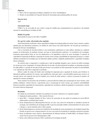 320
             objetivos
             • Dotar o País de capacitação tecnológica competitiva em novos imunobiológicos.
             • Atender às necessidades do Programa Nacional de Imunizações pela produção pública de vacinas.

             data de início
             2006

             Instrumento legal
             PT/MS nº 9, de 14 de julho de 2010: institui o grupo de trabalho para acompanhamento do suprimento e da produção
      nacional de imunobiológicos no âmbito do SUS.

             modelo de gestão
             Desenvolvido em parceria entre MS e Finep/MCT.

             Por que foi criado, reformulado e/ou ampliado
              Havia financiamento insuficiente e baixa capacidade tecnológica da produção pública de vacinas. Nesse contexto, a política
      adotada junto aos laboratórios produtores, em meados de 2006, buscou uma saída industrial e de mercado que sustentasse a
      demanda do SUS por imunobiológicos.
              Com o crescimento do mercado brasileiro e com investimentos significativos no setor público, desenhou-se o ambiente
      propício ao fortalecimento da produção nacional, com base no desenvolvimento autóctone e na transferência de tecnologias,
      movimento imprescindível frente ao risco da obsolescência e da dependência externa de novas tecnologias. O aumento da
      capacidade de negociação do MS para a aquisição de insumos trouxe consigo a possibilidade de negociação de preços e a compra
      mediante transferência de tecnologia para um laboratório público produtor, ampliando gradativamente a capacidade tecnológica
      dessas instituições.
              No contexto atual, a cooperação é a condição para o salto de qualidade desejado e para o alcance da melhor tecnologia
      em vacinas para servir à população. Em tempos diferentes de mercado e de desenvolvimento tecnológico, as demandas prementes
      de saúde pública e a pressão do mercado privado para fornecer seus produtos ao SUS representam um ponto de vulnerabilidade
      a ser superado por meio dessa cooperação na produção.
              Utilizar o poder de compra do Estado como estratégia de negociação para a aquisição de insumos, para fortalecer os
      laboratórios públicos produtores de vacinas e para qualificá-los, tanto para suprir o mercado público quanto para concorrer no
      mercado externo, tem requerido uma série de medidas com o intuito de mudar práticas e culturas no processo de gestão e de
      aquisição de insumos estratégicos.
              Nesse contexto, foi necessário não só fortalecer o processo oficial de análise para incorporação de novos insumos, como
      também estabelecer critérios técnicos e operacionais para a incorporação de novas vacinas, que envolvem sustentabilidade
      financeira garantida, capacidade de armazenamento, capacidade dos vacinadores, adesão da população à incorporação e controle
      de eventos adversos (segurança).

             resultados
             Em relação aos investimentos realizados nos produtores de vacinas, destacam-se os seguintes projetos:
             • Ampliação da planta produtiva – febre amarela (Fiocruz).
             • Vacina BCG – Fundação Ataulpho de Paiva: trata-se da construção de nova planta de produção da vacina BCG-ID,
               modernizando a produção desse insumo.
             • Vacina Antipneumococcus (Biomanguinhos-Fiocruz): em 2010, essa vacina foi introduzida no calendário nacional de
               vacinação, com transferência de tecnologia da GSK. A parceria pressupõe também o desenvolvimento de vacina contra
               a dengue e a vacina inativada contra a febre amarela.
             • Vacina Antimeningococcus: processo de transferência de tecnologia da vacina meningocócica da Fundação Ezequiel Dias
               (Funed), em parceria com a empresa Novartis. Em 2010, essa vacina foi introduzida no calendário nacional de vacinação.
             • Vacina recombinante contra rotavírus: desenvolvimento do National Institutes of Health (NIH) e do Butantã. Planta e
               ensaio fruto de parceria entre Biomanguinhos e GSK.
             • Vacina contra influenzas (inclusive H1N1): transferência de tecnologia da Sanofi.
 