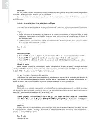 326
             resultados
             Em 2009, foram realizados investimentos na rede brasileira de centros públicos de equivalência e de bioequivalência
      farmacêutica (REQBio) com vistas à estruturação dos laboratórios.
             Em 2010, iniciaram-se os estudos de equivalência e de bioequivalencia farmacêutica da Prednisona, medicamento
      para tuberculose.

             Padrões de avaliação e incorporação tecnológica

             Trata-se da Comissão de Incorporação de Tecnologias do Ministério da Saúde (Citec), órgão colegiado, de natureza consultiva.

             objetivos
             • Avaliar solicitações de incorporação, de alteração ou de exclusão de tecnologias no âmbito do SUS e da saúde
               suplementar, considerando as necessidades sociais em saúde e as diretrizes da Política Nacional de Gestão de
               Tecnologias em Saúde.
             • Contribuir para que as definições sobre a oferta de tecnologias na área de saúde sejam mais claras e para que o sistema
               de incorporação tenha estabilidade garantida.

             data de início
             2006

             Instrumentos legais
             • Portaria GM/MS nº 152, de 19 de janeiro de 2006: dispõe sobre o fluxo para incorporação de tecnologias no SUS.
             • Portaria GM/MS nº 3.323, de 27 de dezembro de 2006, nova redação: inclusão da Saúde Suplementar.
             • Portaria GM/MS nº 2.587, de 30 de outubro de 2008: vincula gestão à SCTIE/MS e define novo fluxo para análise.

             modelo de gestão
              Órgão colegiado formado por representantes, titulares e suplentes da Secretaria de Ciência, Tecnologia e Insumos
      Estratégicos (SCTIE), da Secretaria de Atenção à Saúde (SAS), da Secretaria de Vigilância em Saúde (SVS), da Agência Nacional
      de Saúde (ANS) e da Agência Nacional de Vigilância Sanitária (Anvisa).

             Por que foi criado, reformulado e/ou ampliado
             Anteriormente, não havia definição de caminhos ou de métodos para a incorporação de tecnologias pelo Ministério da
      Saúde. Cada área avaliava isoladamente as demandas recebidas por ela e apresentava suas propostas individualmente para
      decisão do ministro. Não havia transparência no processo e tampouco definição dos fluxos para avaliação.

             resultados
             Desde 2006, foram analisadas 219 propostas, 42 tecnologias foram incorporadas, 25 propostas de inclusão de tecnologias
      não incorporadas, quatro tecnologias excluídas do elenco do SUS, 12 tecnologias para doenças genéticas que têm protocolos em
      elaboração e quatro propostas consideradas fora do escopo da Citec.

             apoiar projetos de transferência de tecnologia com países da américa Latina, Comunidade
             dos Países de Língua Portuguesa (CPLP) e/ou África para produção de insumos estratégicos


             objetivos
             Viabilizar e fortalecer o desenvolvimento da área de terapia celular aplicada à saúde na Argentina e no Brasil, por meio
      da cooperação técnica, científica e tecnológica desenvolvida no âmbito de comitê gestor binacional de políticas de fomento à
      pesquisa e à inovação em terapia celular.

             data de início
             Novembro de 2009
 