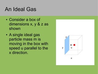 An Ideal Gas
● Consider a box of
dimensions x, y & z as
shown
● A single ideal gas
particle mass m is
moving in the box with
speed u parallel to the
x direction.
x
z
y u
 