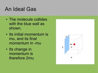 An Ideal Gas
● The molecule collides
with the blue wall as
shown.
● Its initial momentum is
mu, and its final
momentum in -mu
● Its change in
momentum is
therefore 2mu x
z
y u
 
