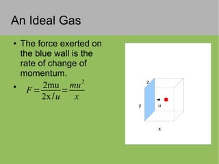 An Ideal Gas
● The force exerted on
the blue wall is the
rate of change of
momentum.
●
x
z
y u
F=
2mu
2x/u
=
mu
2
x
 