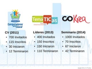 Encuentros en la Red: Experiencia de formación virtual de docentes en ejercicio12
CV (2011)
● 700 Invitados
● 115 Inscritos
● 30 Iniciaron
● 12 Terminaron
Líderes (2013)
● 400 Invitados
● 150 Inscritos
● 150 Iniciaron
● 110 Terminaron
Seminario (2014)
● 1000 Invitados
● 70 Inscritos
● 67 Iniciaron
● 42 Terminaron
Geralt (2015). En Pixabay
 