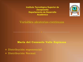 Instituto Tecnológico Superior de
                           Zacapoaxtla
                  Departamento de Desarrollo
                           Académico




        María del Consuelo Valle Espinosa

 Distribución exponencial.
 Distribución Normal.
 