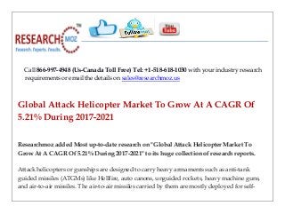 Call 866-997-4948 (Us-Canada Toll Free) Tel: +1-518-618-1030 with your industry research
requirements or email the details on sales@researchmoz.us
Global Attack Helicopter Market To Grow At A CAGR Of
5.21% During 2017-2021
Researchmoz added Most up-to-date research on "Global Attack Helicopter Market To
Grow At A CAGR Of 5.21% During 2017-2021" to its huge collection of research reports.
Attack helicopters or gunships are designed to carry heavy armaments such as anti-tank
guided missiles (ATGMs) like Hellfire, auto canons, unguided rockets, heavy machine guns,
and air-to-air missiles. The air-to-air missiles carried by them are mostly deployed for self-
 
